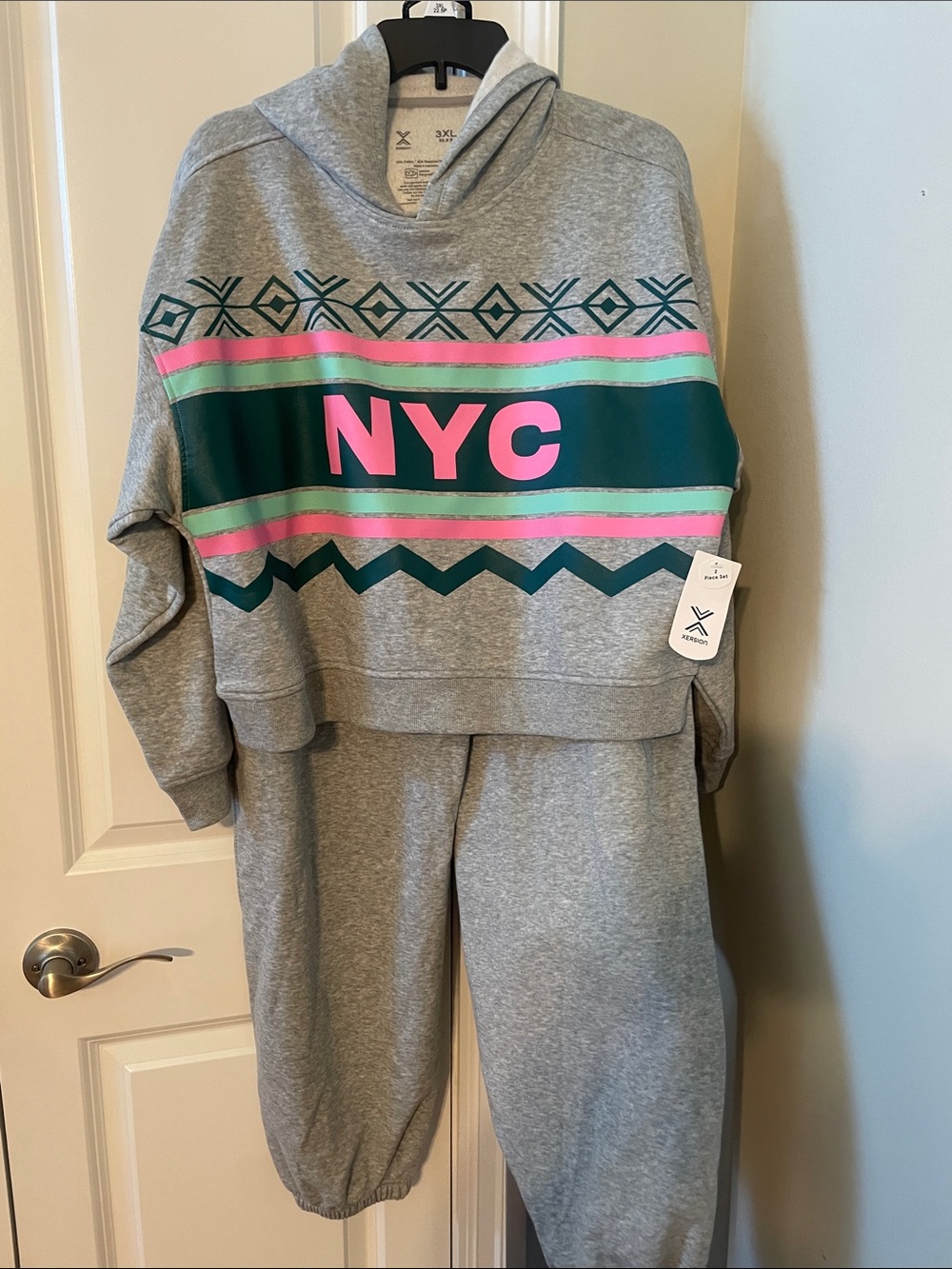 Xersion Grey Sweatpants with Pink & Teal NYC Accent